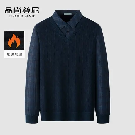 【加绒加厚】中老年男装爸爸装背心款格纹假两件毛衣雪尼尔针织衫商品大图