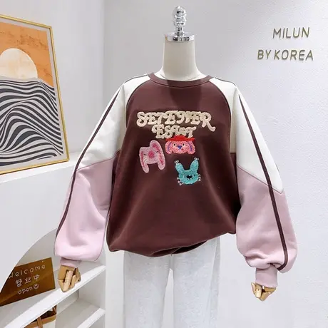 韩国东大门撞色插肩袖卫衣~ins原宿港风毛巾绣卡通摇粒绒上衣外套图片