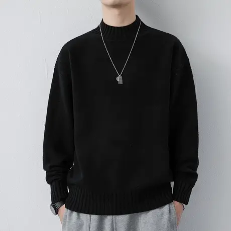 黑色百搭毛衣男士秋冬季加厚保暖针织衫男打底衫质感内搭圆领线衣商品大图