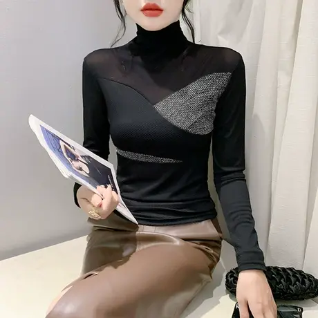 撞色半高领加绒拼色上衣性感网纱T恤女长袖洋气修身减龄打底衫ins商品大图
