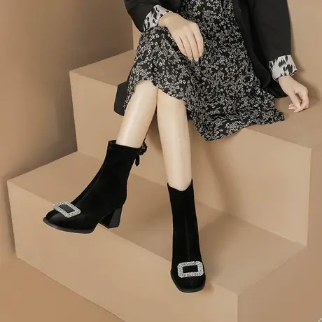 短靴女春秋单靴2023新款水钻方扣后拉链短筒靴粗跟绒面弹力瘦瘦靴商品大图