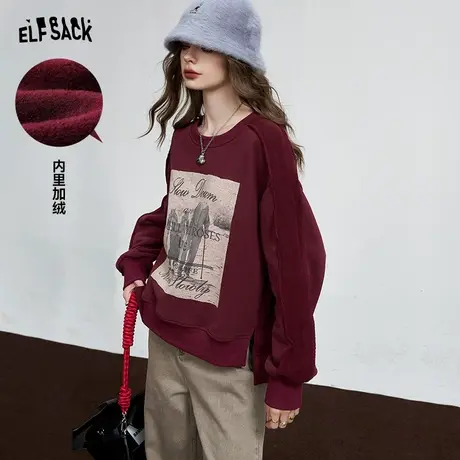 妖精的口袋宽松圆领加绒卫衣女2023冬季新款小个子无帽套头上衣图片