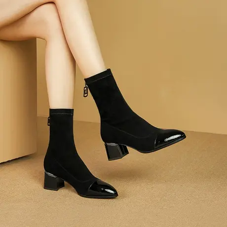 2023秋冬新款尖头粗跟中跟黑色短筒靴子女真皮保暖加绒舒适短靴女图片