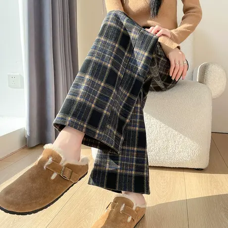 毛呢阔腿裤女秋冬季2023新款窄版高腰垂感宽松休闲直筒复古格子裤商品大图
