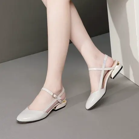 夏新款包头凉鞋女真皮粗跟圆头后空四季凉鞋时尚舒适低跟春秋单鞋图片