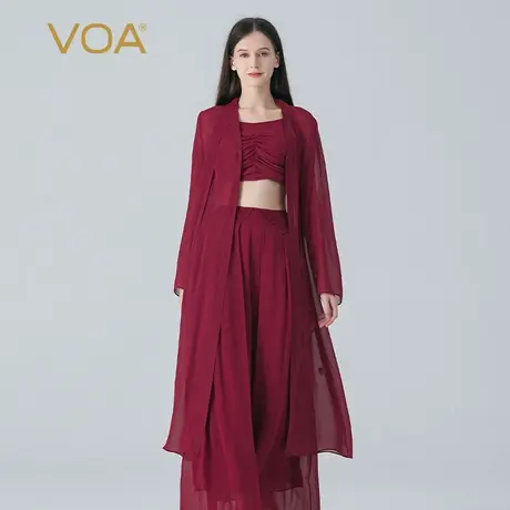 VOA桑蚕丝乔其酒红围巾领长袖单排两粒扣宽松中长款真丝风衣外套图片