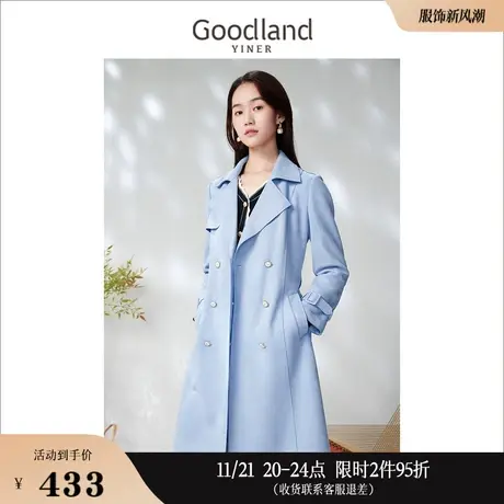Goodland美地女装2023春季英伦大翻领双排扣显瘦长款风衣外套商品大图
