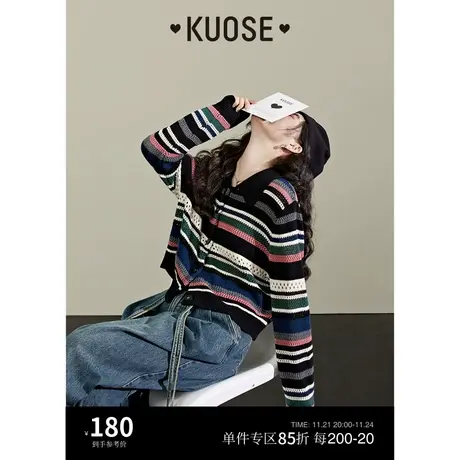 阔色彩色条纹polo针织衫女2023秋冬新款长袖镂空薄毛衣开衫短上衣图片