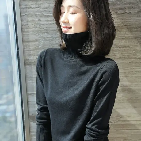 雀后黑色高领针织衫女秋装新款修身堆堆领内搭上衣打底衫洋气毛衣商品大图