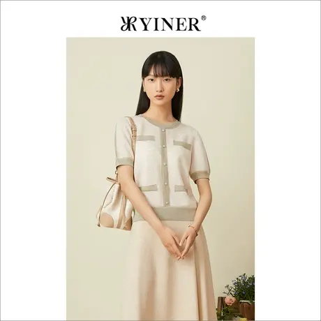 YINER音儿专柜女装2022夏季新款圆领小香风短袖毛针织衫女商品大图