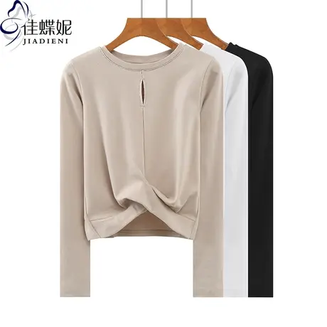 春秋新款韩版圆领破洞纯欲短款修身纯色纯棉长袖体恤上衣内搭女装商品大图