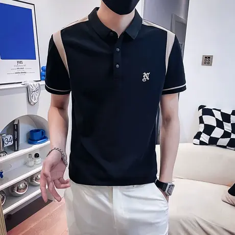 撞色翻领Polo衫男夏季刺绣潮牌痞帅炸街T恤时尚重磅plol衫高级感商品大图