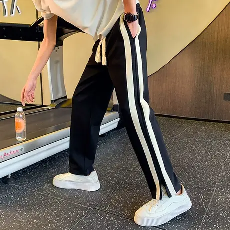 春秋季直筒裤条纹九分卫裤宽松运动裤潮牌潮流男裤2023新款休闲裤商品大图