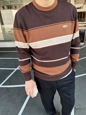 大依无忧秋冬新款韩系条纹潮胖子加肥加大码男士圆领毛衣针织衫商品大图