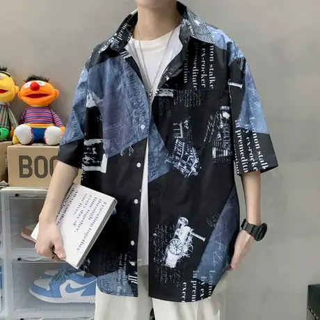 短袖衬衫男潮牌潮流夏季港风复古印花寸衫男休闲宽松免烫半袖衬衣商品大图