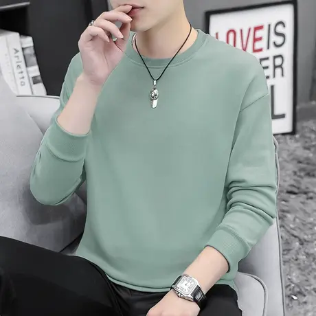 春秋款男士卫衣ins纯色潮流宽松加绒套头无帽圆领秋季薄款长袖t恤商品大图