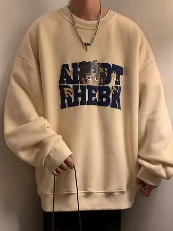 发泡印花圆领卫衣男春秋季2024新款潮牌打底衫宽松港风复古上衣服商品大图