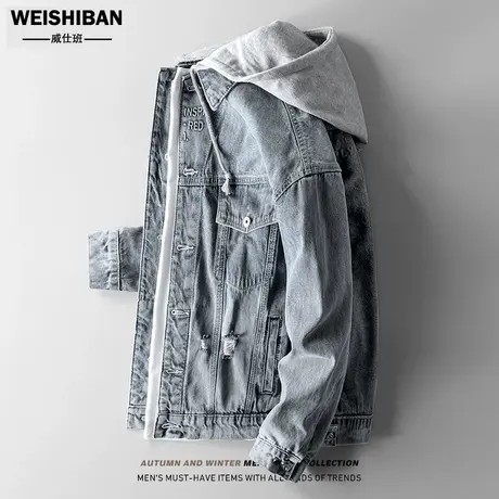 潮牌烟灰色复古牛仔外套男美式休闲宽松连帽上衣青年机车服夹克男商品大图