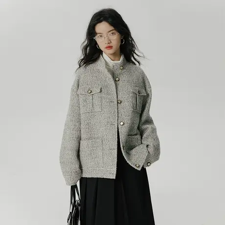 omont蛋挞家 工装小香风外套女秋季2023新款复古宽松毛呢夹克外套商品大图