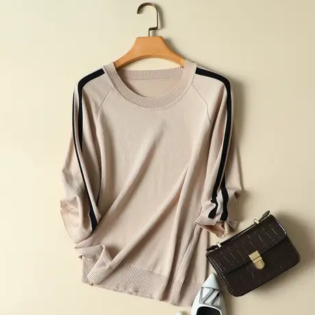 撞色t恤女短袖春装新款七分袖冰丝针织衫体桖半袖初秋网红上衣服商品大图