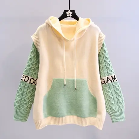 撞色拼接假两件连帽毛衣女2023年新款慵懒风宽松外穿洋气针织上衣图片