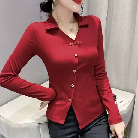 设计感盘扣上衣女长袖早秋气质POLO领内搭打底衫不规则开叉T恤ins图片