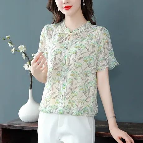 2023夏季新款短袖雪纺衬衫女上衣小清新系带立领气质碎花宽松衬衫商品大图