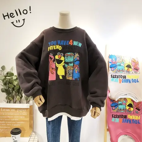 2020秋冬款韩国东大门ulzzang原宿风潮宽松古着感BF加绒卫衣大码商品大图