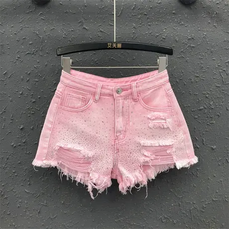 粉色减龄洋气烫钻a字阔腿裤欧货女夏新款个性毛边显瘦牛仔短裤潮图片