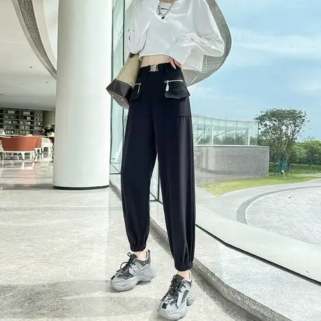 黑色工装裤女束脚2024年春秋新款高腰宽松显瘦ins九分休闲灯笼裤图片