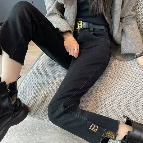 直筒牛仔裤女黑色秋冬2024新款高腰显瘦不规则小个子八九分烟管裤商品大图
