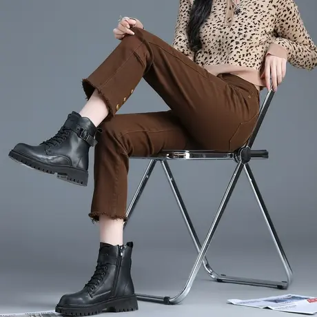 咖色裤子女2024新款八分裤秋冬加绒小直筒裤牛仔裤女小个子九分裤图片