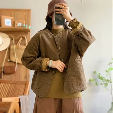 dza 复古圆领菱格加厚保暖棉衣外套女士冬外穿棉袄上衣保暖棉服女图片