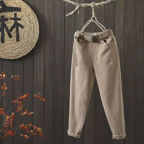 枫谜20年秋冬新款文艺简约纯色加绒休闲长裤女宽松加厚保暖老爹裤图片