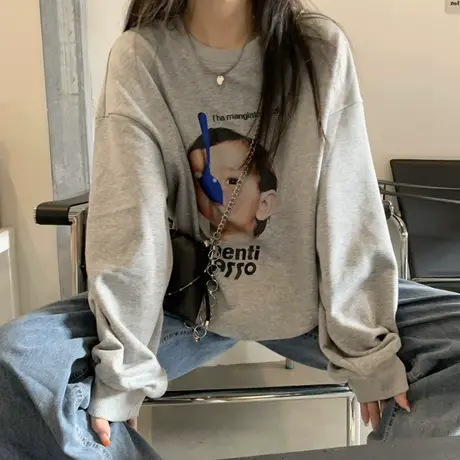 美式复古卫衣女宽松韩版潮ins设计感小众上衣春秋薄款vintage外套商品大图