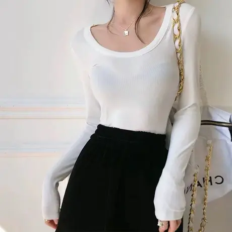 低领圆领打底衫女春秋内搭长袖t恤秋冬款2024年新款薄款白色上衣商品大图