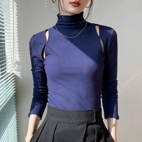 半高领磨毛打底衫女2023秋冬新品小心机内搭长袖t恤正肩上衣白色图片