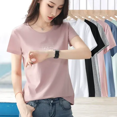 粉色短袖女2024年春夏新款上衣纯棉显瘦修身简约百搭圆领印花t恤商品大图