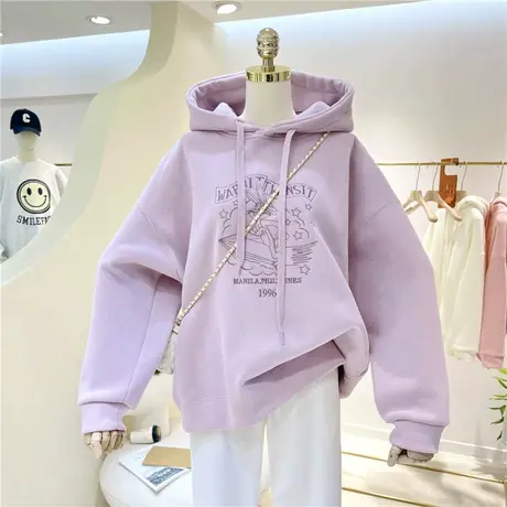 加绒加厚保暖韩版卡通刺绣兔子宽松休闲连帽卫衣女帽衫单穿内搭潮商品大图