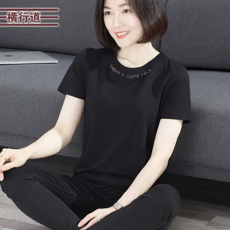 t恤夏女圆领简约黑色半袖打底外穿 上衣夏款女刺绣字母短袖女夏季商品大图