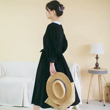 秋新品复古灯芯绒长袖连衣裙大码撞色领全棉商品大图