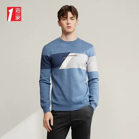 海一家时尚撞色毛衣2023秋季新款圆领青春活力休闲长袖针织衫男商品大图