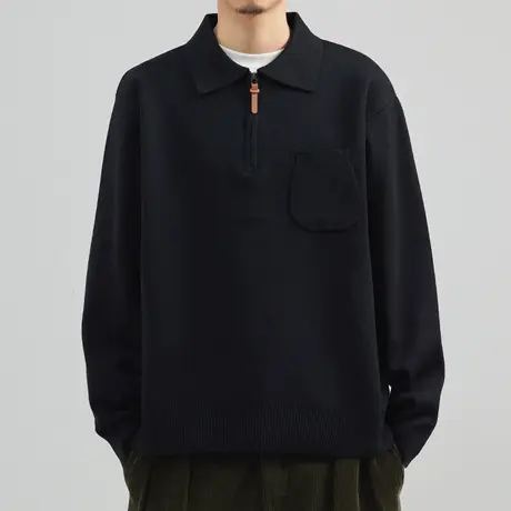 奕飏韩版长袖POLO衫插肩袖拉链廓形毛衣黑色外套针织衫简约毛衫男商品大图