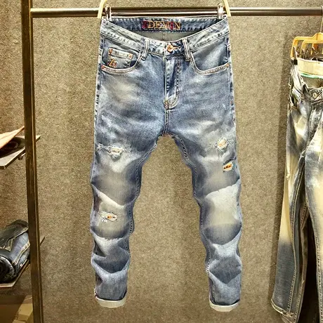 春季九分刺绣牛仔裤男修身弹力小脚裤潮牌贴布破洞9分乞丐男裤子商品大图