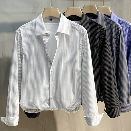 细条纹衬衫男韩版潮流修身轻奢高级感男士衬衣长袖2023春秋季新款商品大图