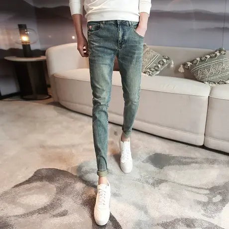 2023秋冬新品复古三角形拼皮牛仔裤男潮流修身小脚裤青少年铅笔裤商品大图