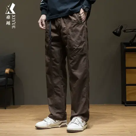 希越深咖色休闲裤子男士2023秋冬美式拼接工装裤宽松大码直筒长裤商品大图