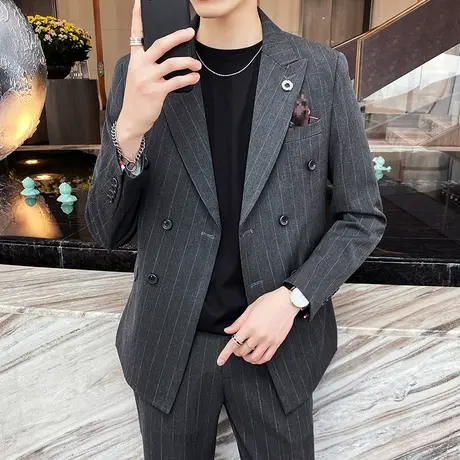 双排扣休闲条纹小西装男大码胖子外套新郎礼服修身韩版西服三件套商品大图