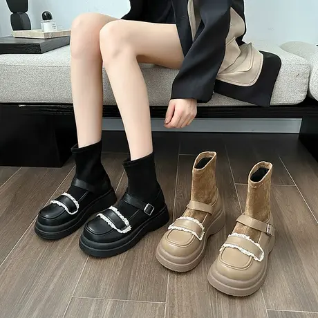 气质小香风短靴女配裙子马丁靴2024秋季新款爆款厚底小个子瘦瘦靴图片