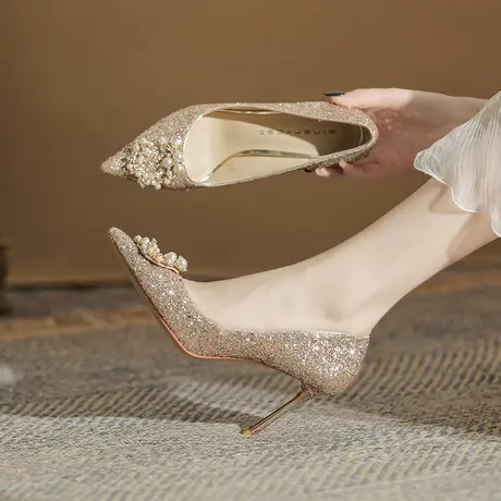 法式单鞋女细跟2024年春夏新款尖头珍珠新娘婚鞋不累脚伴娘高跟鞋图片